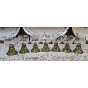 SALE 7 Pc Vintage Barware Shot Glass Small Green Roamer Glasses w/ Etched grape